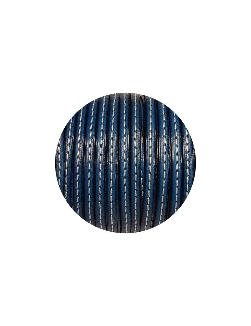 Cordon de cuir plat 5mm bleu atoll couture blanche vendu au mètre-Premium