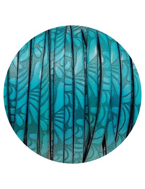 Cuir plat de 5mm fantaisie avec relief floral bleu turquoise en vente au cm