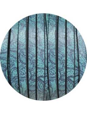Cuir plat 5mm fantaisie imprimé dentelle bleue fond bleu en vente au cm