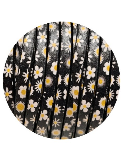Cuir plat 5mm fantaisie noir imprimé fleurs blanches et jaunes en vente au cm