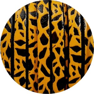 Cuir plat de 5mm fantaisie moutarde avec motifs noirs en vente au cm