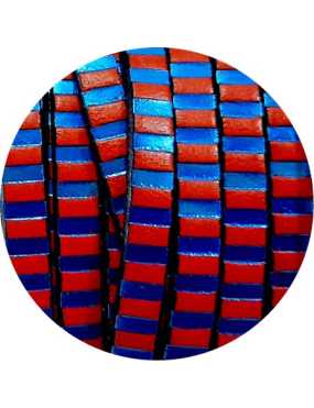 Cuir plat de 5mm fantaisie avec rayures bleues et rouges en vente au cm