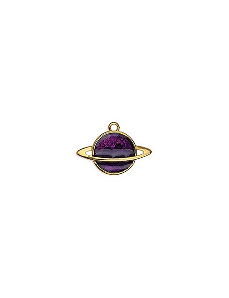 Pampille Saturne émaillée violet de 22mm en métal couleur or