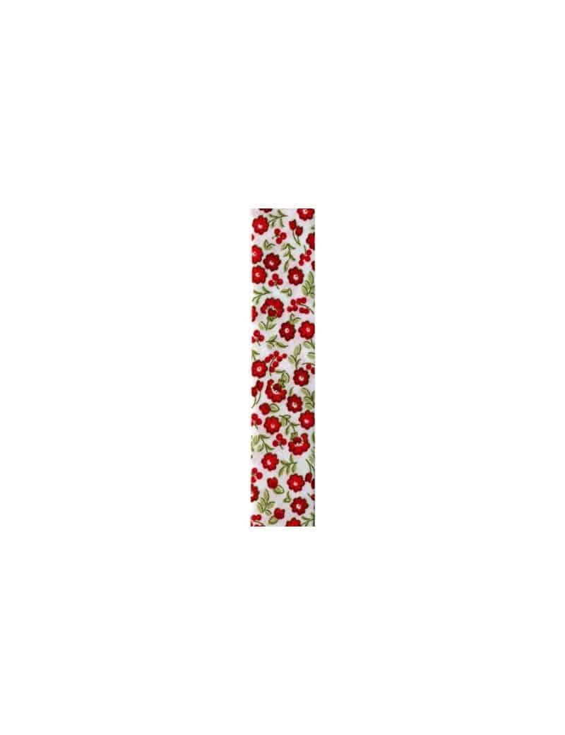 Biais fantaisie 20mm blanc avec des fleurs rouges vendu au mètre