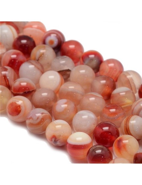 Fil de 47 perles rondes de 8mm en agate striées saumon rouge