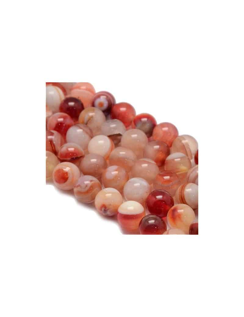Fil de 62 perles rondes de 6mm en agate striées saumon rouge