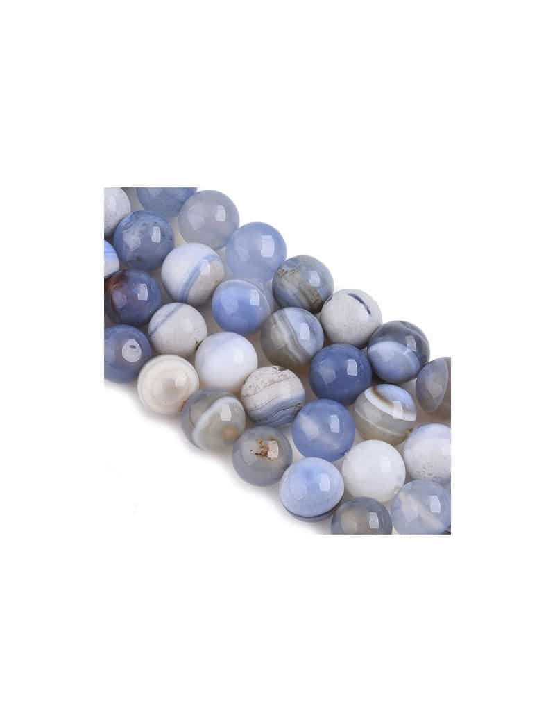Fil de 38 perles rondes de 10mm en agate striées bleues