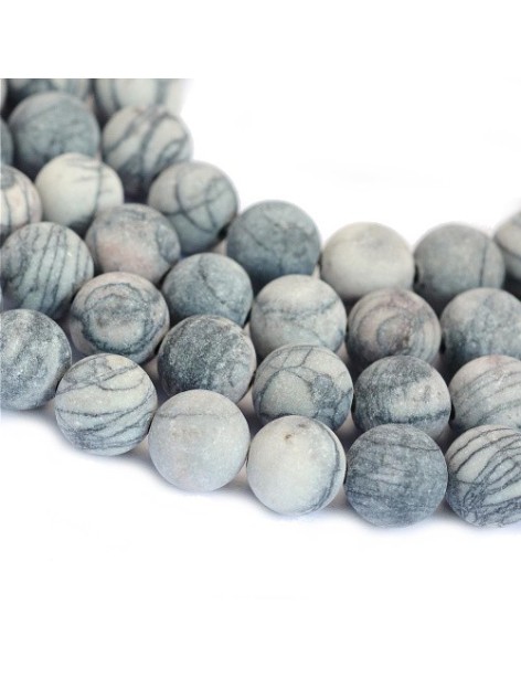 Fil de 47 perles ronde jaspe de 8mm gris bleu effet givré