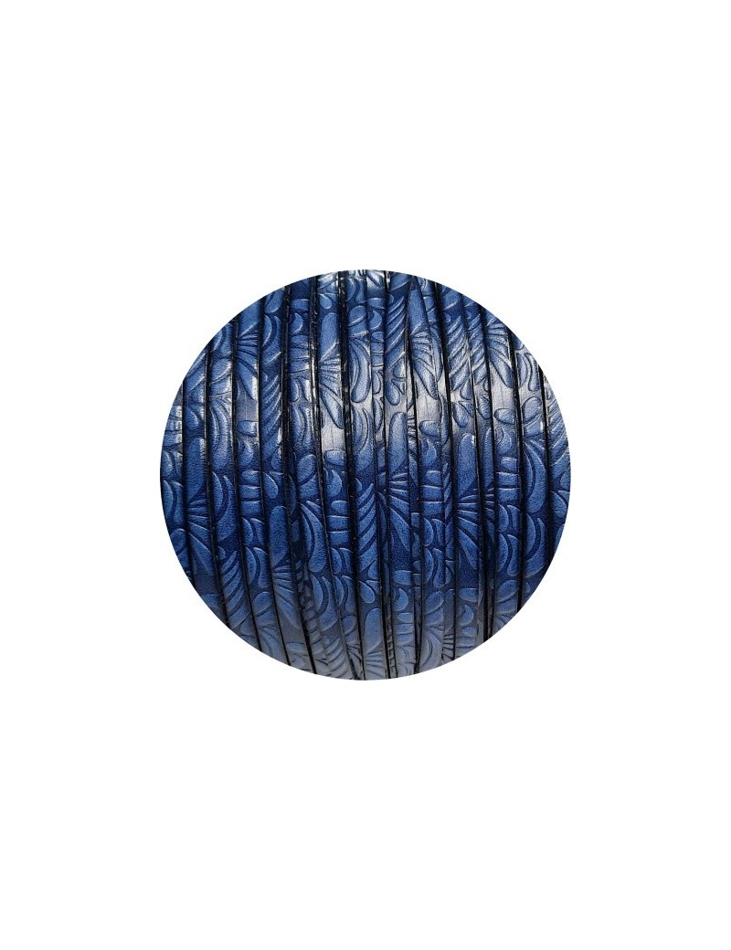 Cuir plat de 5mm fantaisie avec relief floral bleu jeans, en vente au cm