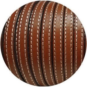 Cordon de cuir plat 10mm marron cognac coutures vendu au mètre-Premium